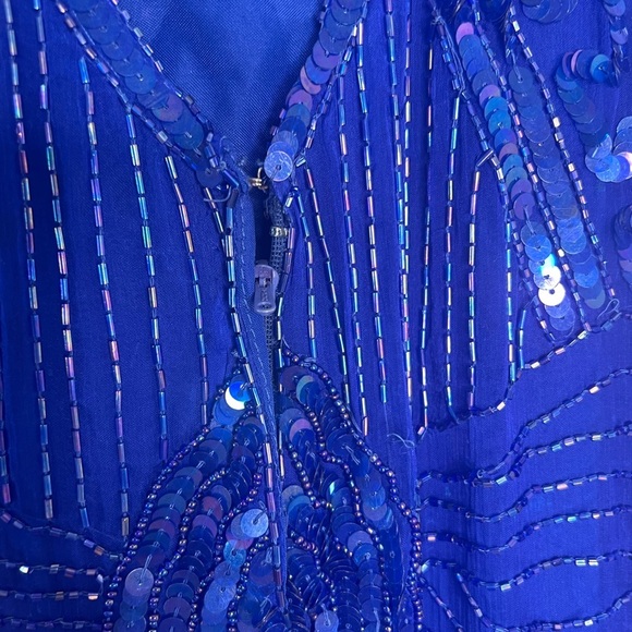 Vintage Jewel Queen 100% Silk Fully Beaded, Sequined Cobalt Blue Elegant Dress S - Picture 9 of 11